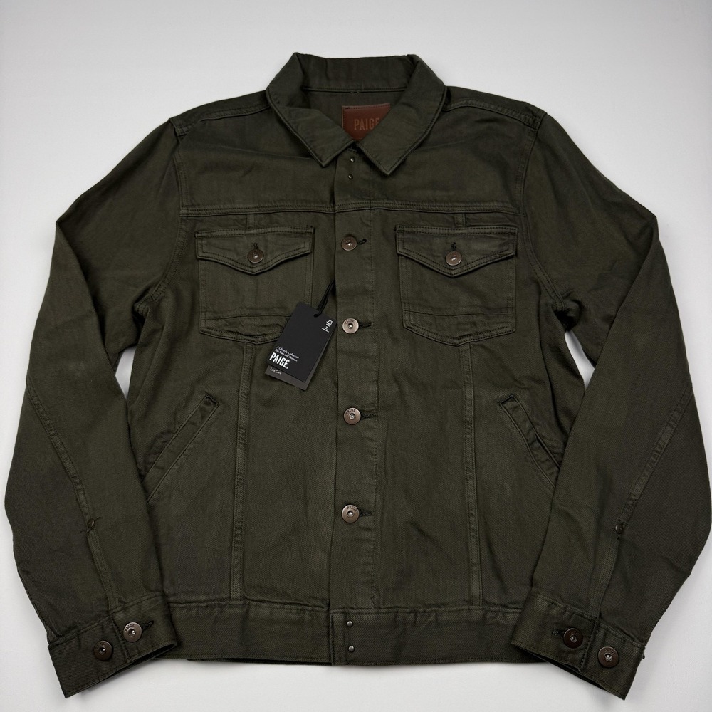 Paige Scout Jacket Mens XL Green Denim Military Trucker Button Front Utility